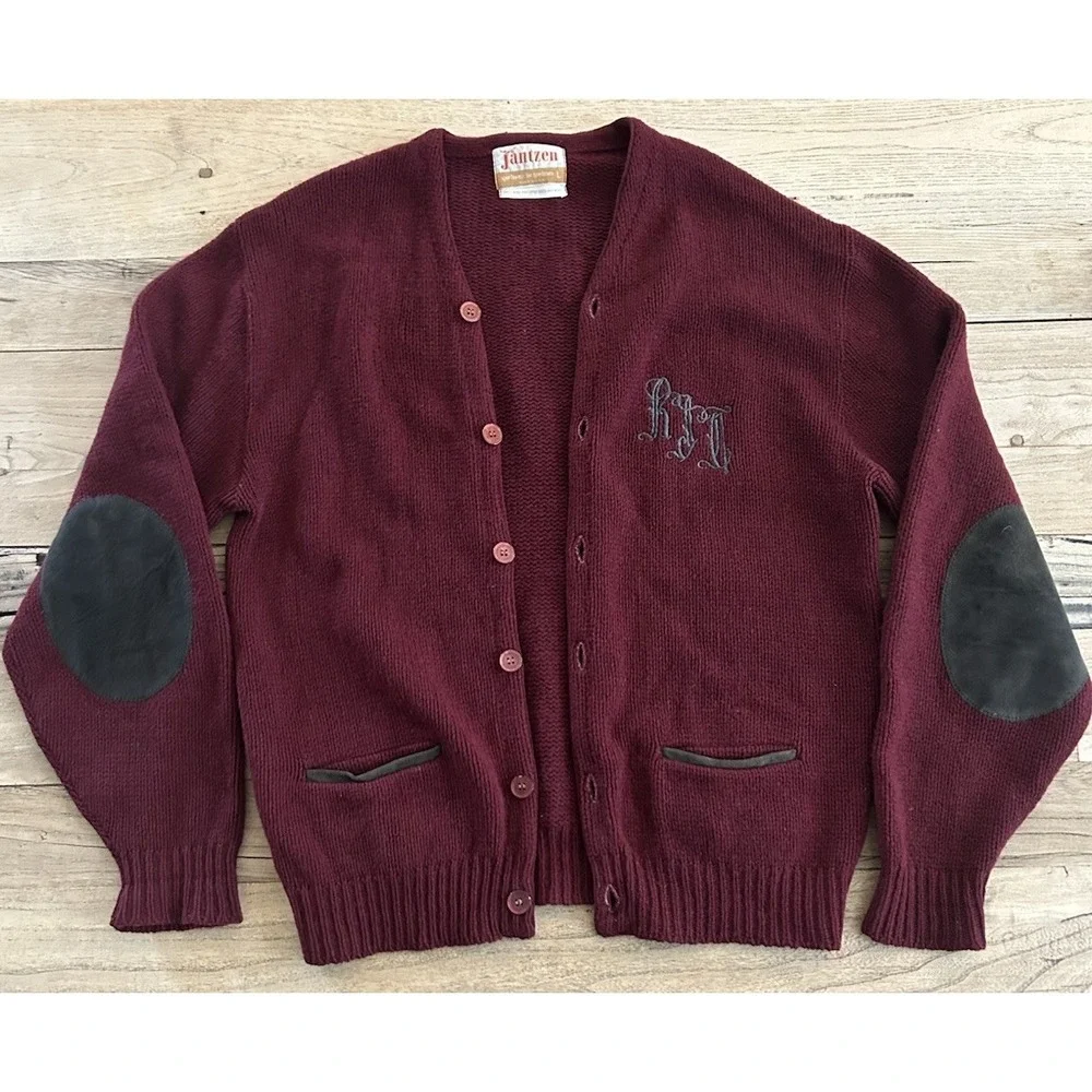 Vtg 60's Jantzen Burgundy‎ Cardigan, Kurt Cobain Grunge 100% 4-ply Shetland Wool